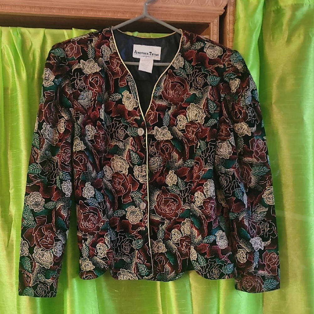 Vintage Another Thyme Women's Velvet Floral Blazer - Black and Red Size Large